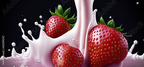 Strawberry milk splashing with strawberry isolated on Black background. Strawberry falling into pink milk or yogurt creamy liquid drink splash. Milky splash with strawberries against black. Close up photo