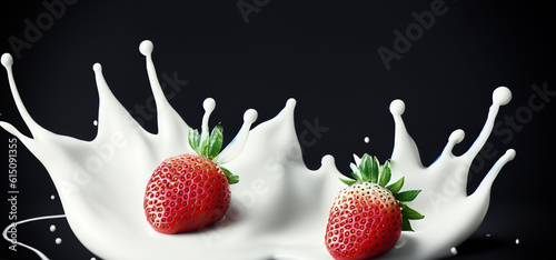 Strawberry milk splashing with strawberry isolated on Black background. Strawberry falling into pink milk or yogurt creamy liquid drink splash. Milky splash with strawberries against black. Close up photo