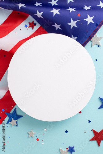 US Independence Day concept. Top view vertical photo of empty circle surrounded by blue, white and red glitter stars and american flag on celeste isolated background with copy-space