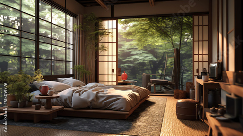 Japanese aesthetic bedroom minimalist with soft lighting