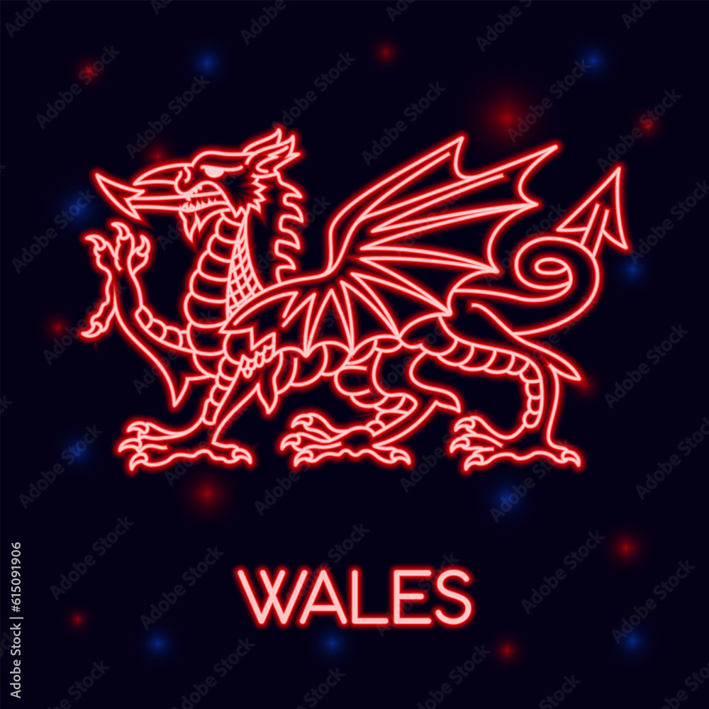Neon symbol of Wales. Welsh national symbol of Red Dragon in neon light, bright night Illustration. Emblem of Wales modern glowing colorful banner design. Vector illustration Neon symbol of Wales. Welsh national symbol of Red Dragon in neon light, bright night Illustration. Emblem of Wales modern glowing colorful banner design. Vector illustration