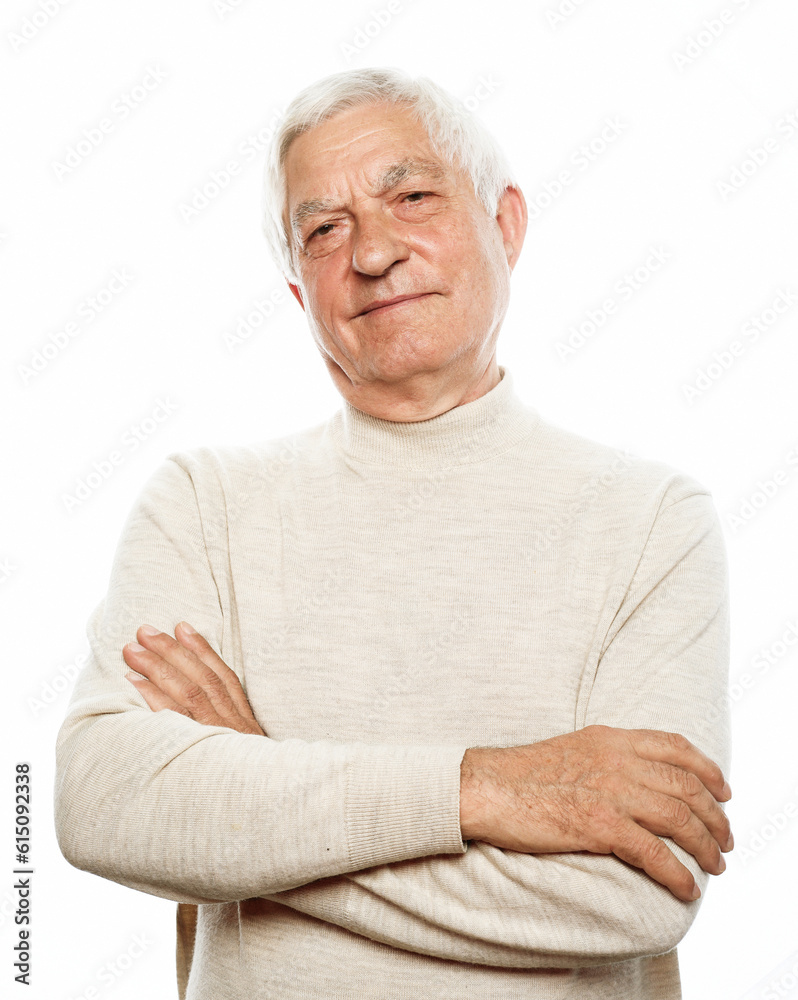 healthy happy smile senior elderly caucasian old man face with arm crossed isolated on white. healthy happy smile senior elderly caucasian old man face with arm crossed isolated on white.