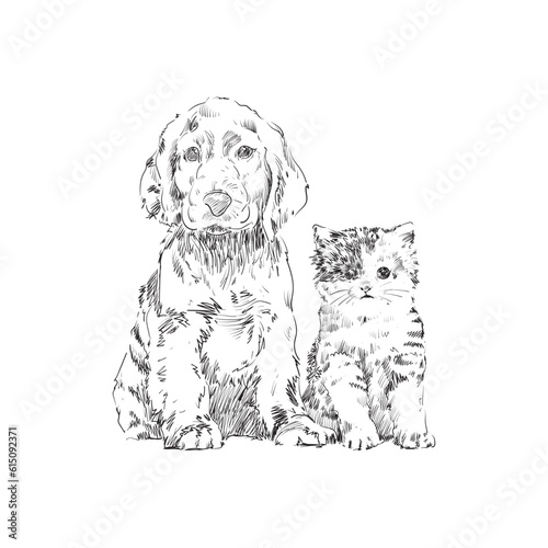 Cute dog and cat vintage drawing character pet animal vector illustration. Black and white line art.