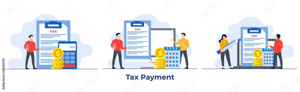 Set of tax payment flat illustration vector templates, Paperwork, Tax form, Audit, Financial research report and calculation, Financial Accounting, paying taxes Set of tax payment flat illustration vector templates, Paperwork, Tax form, Audit, Financial research report and calculation, Financial Accounting, paying taxes