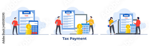 Set of tax payment flat illustration vector templates, Paperwork, Tax form, Audit, Financial research report and calculation, Financial Accounting, paying taxes