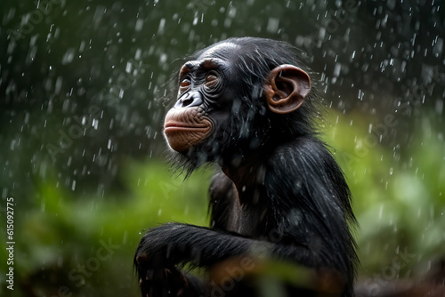 Cute Baby Bonobo chimpanzee under the rain. Amazing African Wildlife. Generative Ai photo