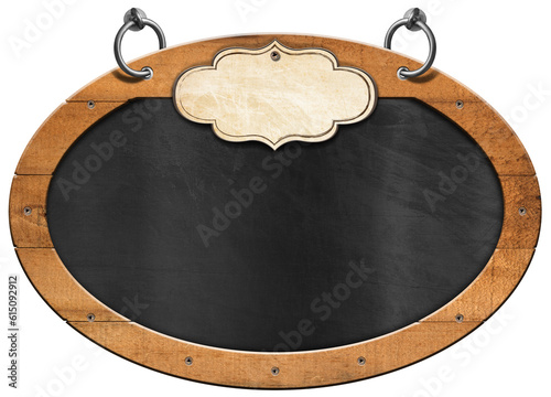 Old blank blackboard with wooden oval frame (ellipse shape) and empty label. Steel rings for hanging. Isolated on white or transparent background and copy space, template. Png.