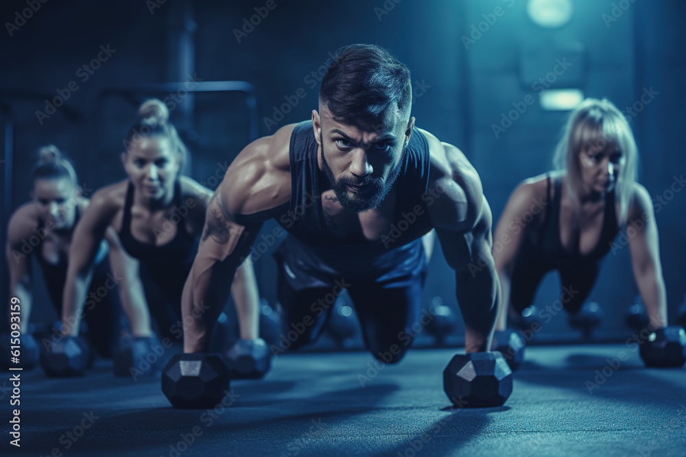 Group of muscular caucasian sporty people during push ups with weights in gym. Weightlifting, power lifting workout, fitness, sports concept.
