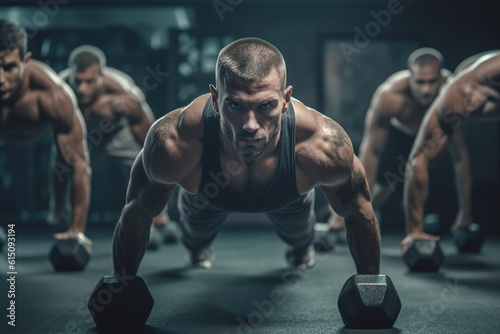 Muscular and strong handsome young sporty man doing push up with weight with his fitness sports mates in the gym.