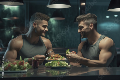 Sporty gay couple on fitness diet eating a healthy green salad with vegetables at home.