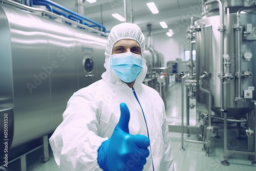 Man in protective suit, mask and gloves standing in food production factory and showing thumbs up.