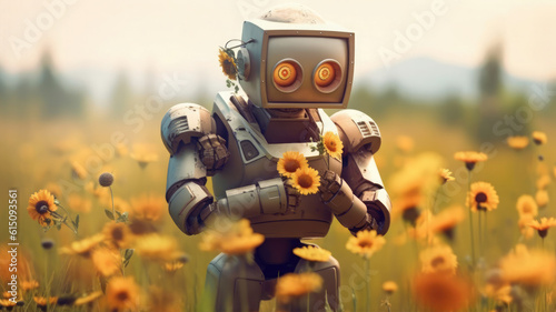 Cute robot picking flowers in the field, holding a bouquet in his hand, wildflowers, realism, Generative AI сute, robot, picking flowers, field, bouquet, illustration