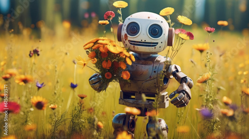 Cute robot picking flowers in the field, holding a bouquet in his hand, wildflowers, realism, Generative AI сute, robot, picking flowers, field, bouquet, illustration