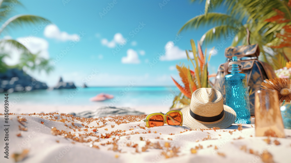 Beach summer Outdoor Beach chair sunglasses with umbrella sunny day sky with clouds  amazing blue ocean sea island