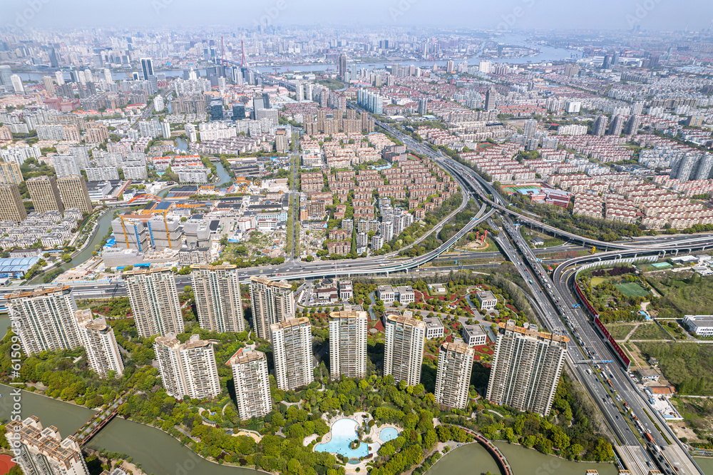 The drone panoramic view of the residential district in Pudong, Shanghai, China. 
