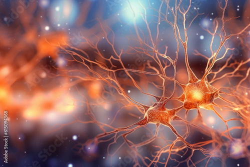 Close-up of dendrites and axons, showing intricate neural connections against a blurry background Generative AI