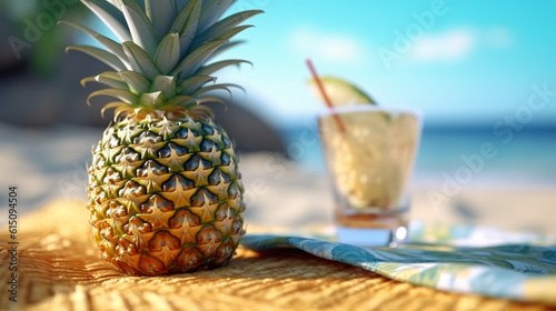 Halved pineapple and a sunglass kept on the sand with copy space text Summer creative concept