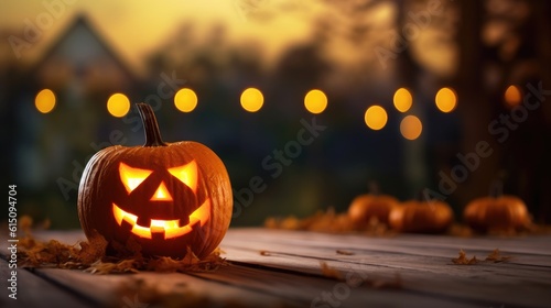 Autumn composition. Pumpkins, dry leaves. Autumn, halloween concept. Halloween background - old table with candles and branches on spooky night with full moon
