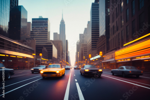 Big city sunset evening panorama with retro cars and blurred car headlights and street lights with skyscrapers. Copy space for advertising text. Generative AI. © Sergiy