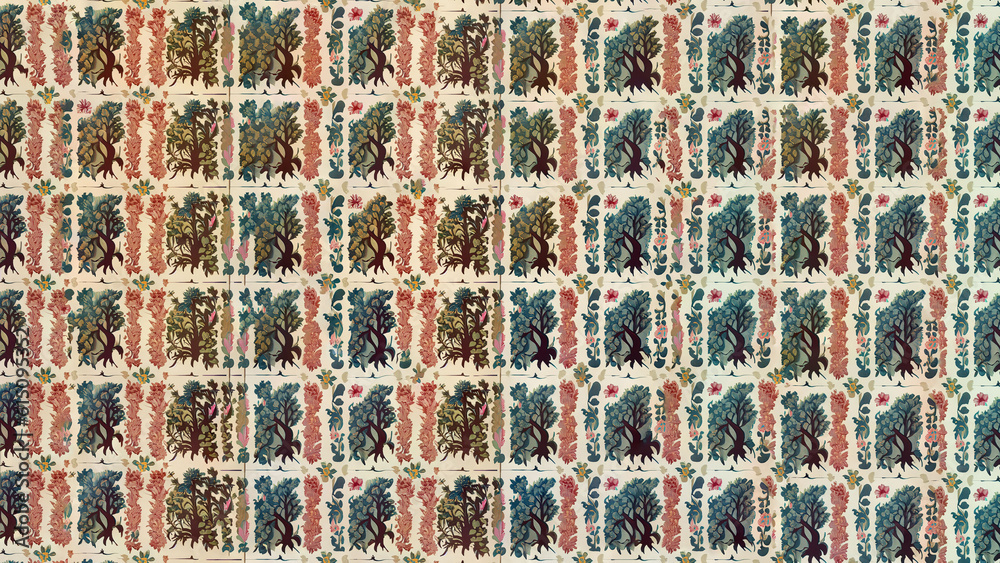 Victorian wallpaper pattern of trees and flowers