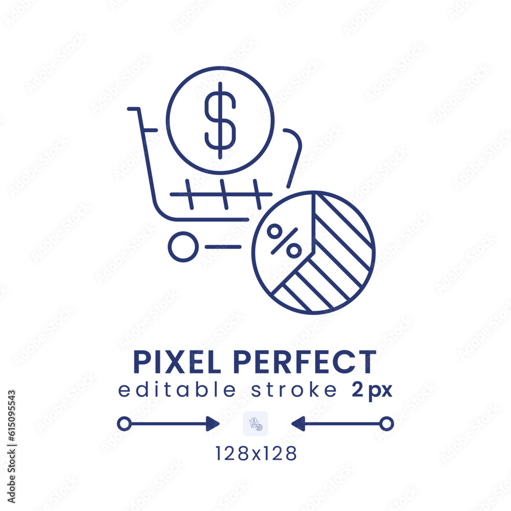 Sales tax linear desktop icon. Goods and services taxation. Purchasing tariff. Pixel perfect 128x128, outline 2px. GUI, UX design. Isolated user interface element for website. Editable stroke