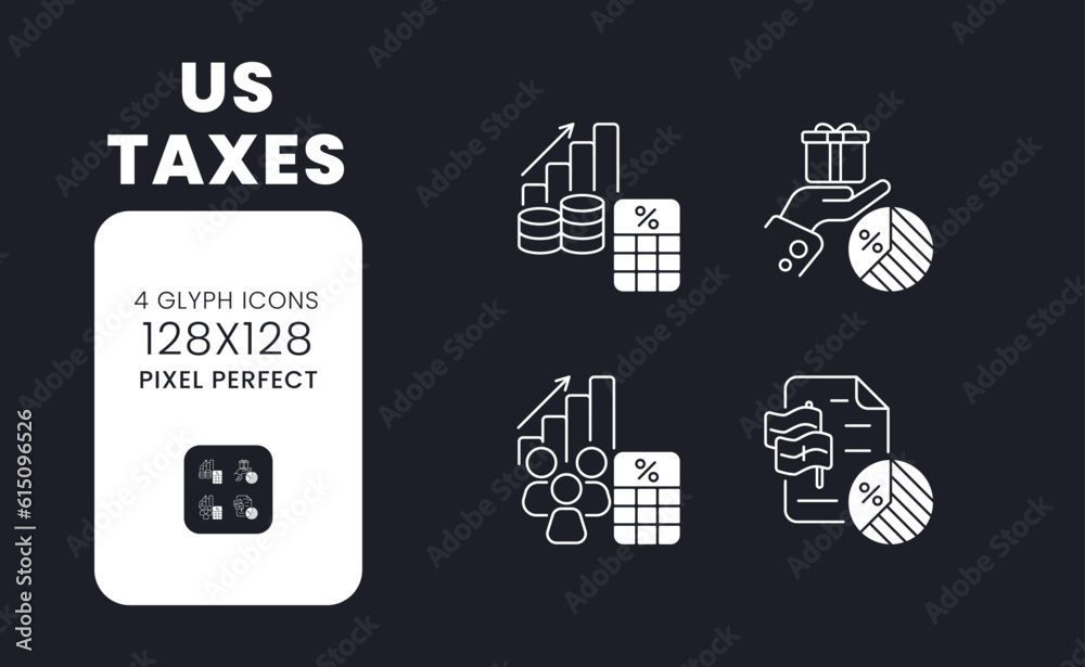 US taxes white solid desktop icons set. Federal budget. Dividend income. Financial sector. Pixel perfect 128x128, outline 2px. Symbols for dark theme. Glyph pictograms. Vector isolated images US taxes white solid desktop icons set. Federal budget. Dividend income. Financial sector. Pixel perfect 128x128, outline 2px. Symbols for dark theme. Glyph pictograms. Vector isolated images