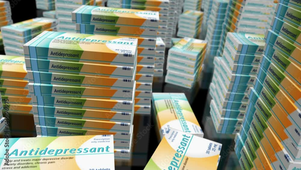 Antidepressant tablets box. Emergency painkiller, headache analgesic and medical pills pack factory. Abstract concept 3d rendering loopable seamless animation. Camera flying between stacks. Antidepressant tablets box. Emergency painkiller, headache analgesic and medical pills pack factory. Abstract concept 3d rendering loopable seamless animation. Camera flying between stacks.
