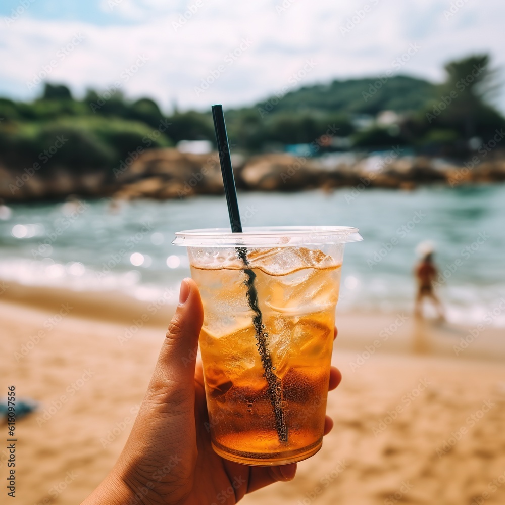 a person holding a drink in front of a beach a person holding a drink in front of a beach