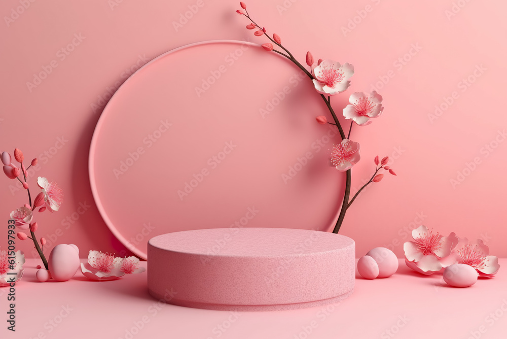 Modern background platform with pink glass podium. stand show cosmetic product. Generative AI