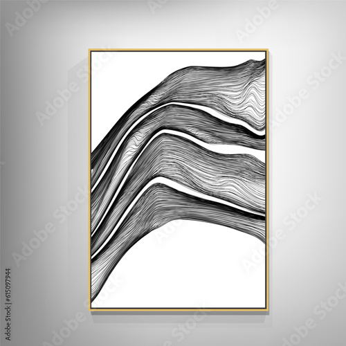 Black and white geometric interior artwork. The artwork has a modern and abstract style that creates contrast and balance.