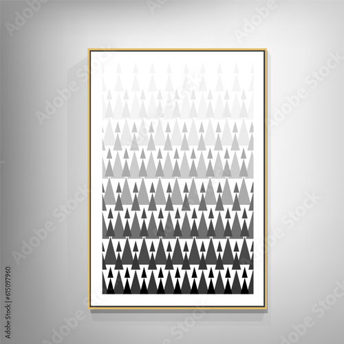 Black and white geometric interior artwork. The artwork has a modern and abstract style that creates contrast and balance.