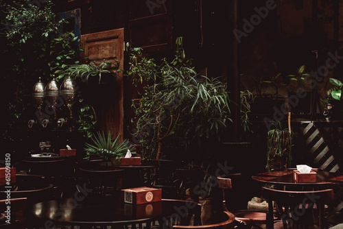 Photography Calm shady interior of an outdoor cafe terrace in Lviv, Ukraine