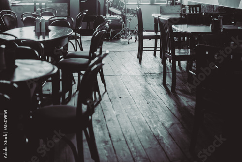 Calm interior of a jazz cafe in black and white tones