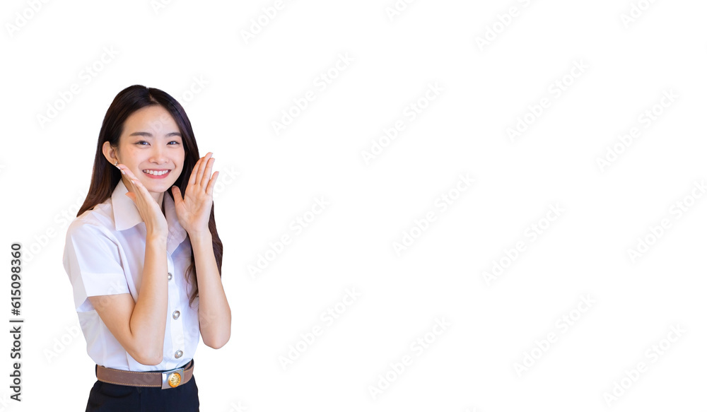 Beautiful Asian young woman student in uniform university is smiling and looking at camera to present something confidently isolated on white background. Beautiful Asian young woman student in uniform university is smiling and looking at camera to present something confidently isolated on white background.