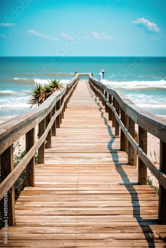 a wooden walkway leading to the beach on a sunny day
