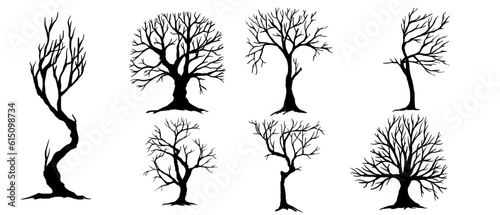 Set of silhouettes of dry trees, bushes. Vector graphics.