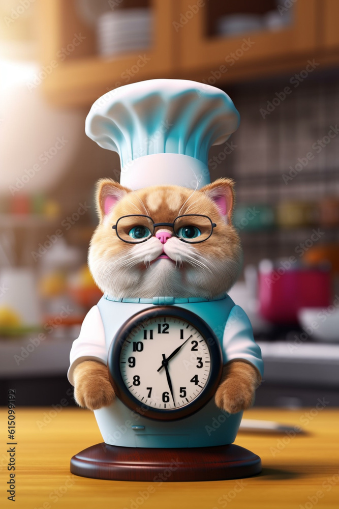 A cat baker-themed kitchen timer in the shape of a cat wearing a chef's ...