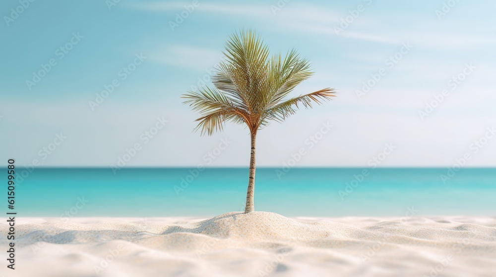 white sand beach with a green palm tree