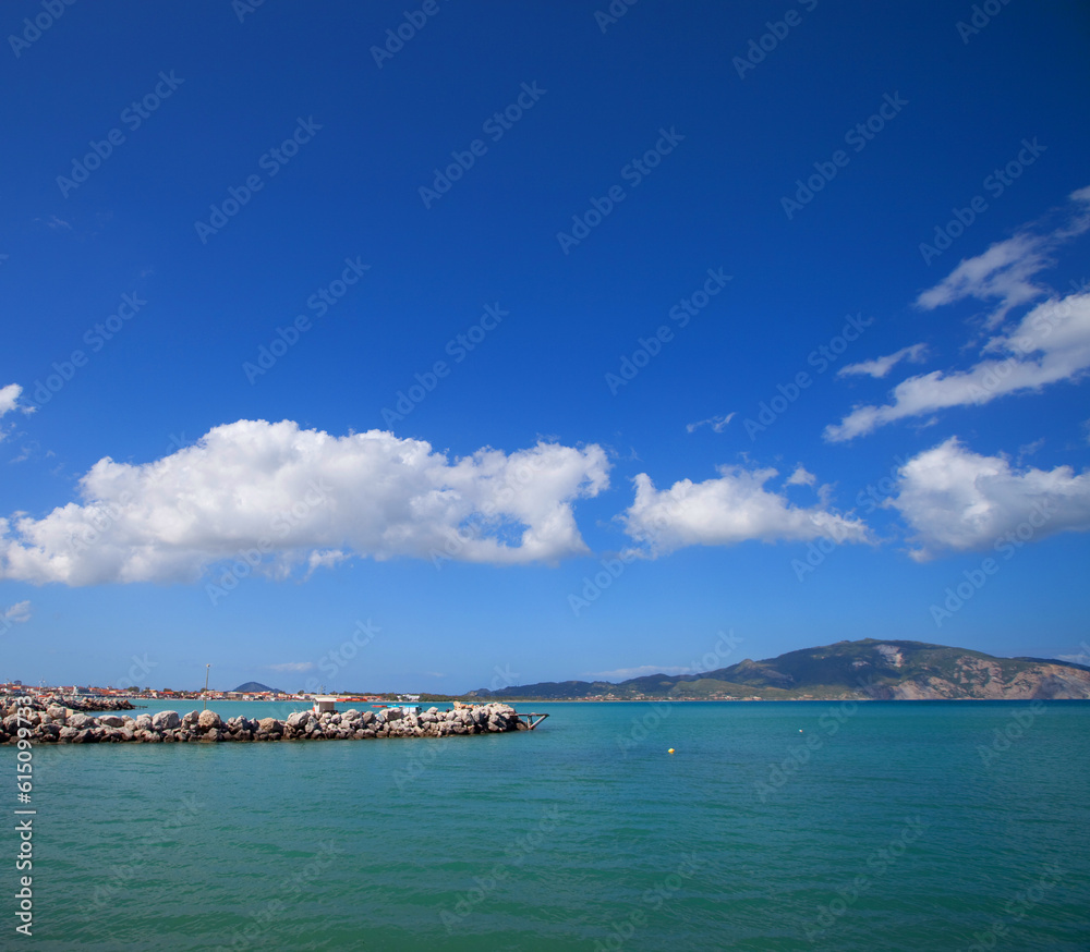 Beach of Zakynthos island. Sunny spring seascape of the Ionian Sea, Greece, Europe.