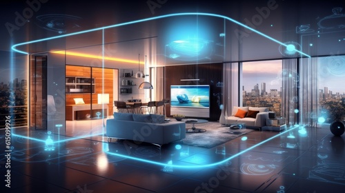 a concept art of a digital holographic artificial intelligence (ai) smart technology in a house and a flat. modern living room with blue and white virtual reality interface and icons. Generative AI photo