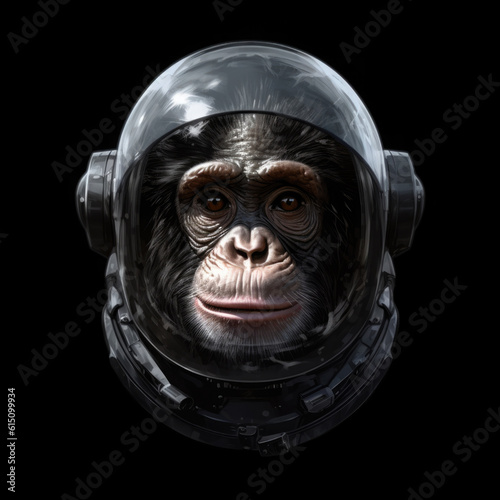 Chimpanzee in a space suit. Digital art. Generative AI.