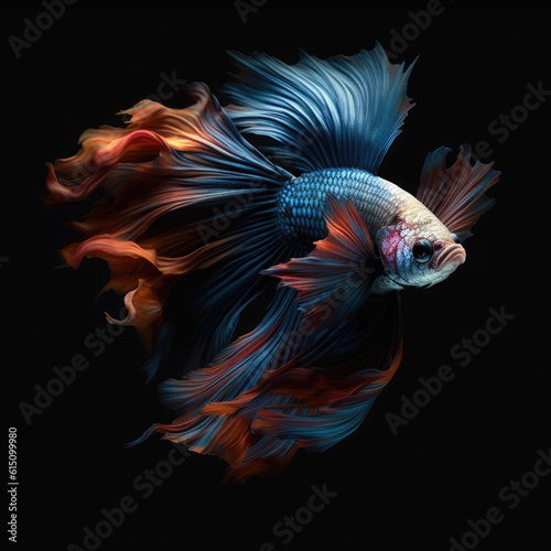 Siamese fighting fish on a black background. Digital art. Generative AI.