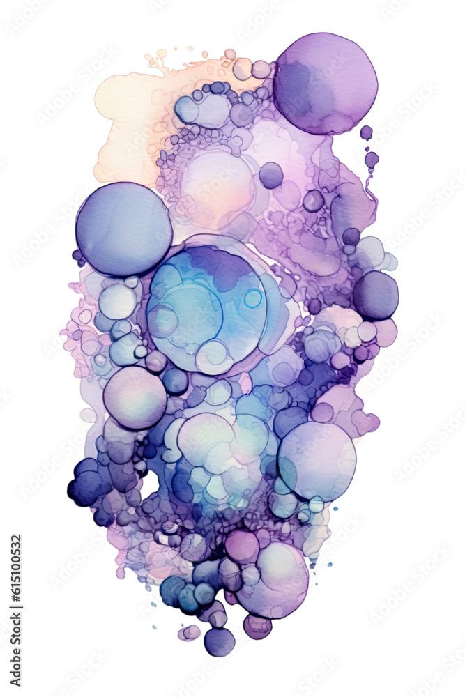Fototapeta premium cluster of amethyst and sky blue bubbles, watercolor paint abstract border frame for design layout, isolated on a transparent background, generative ai