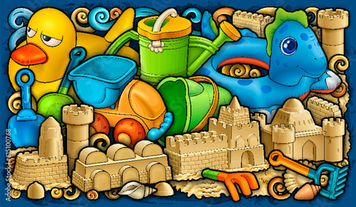Cartoon cute doodles summer beach children's entertainment illustration.