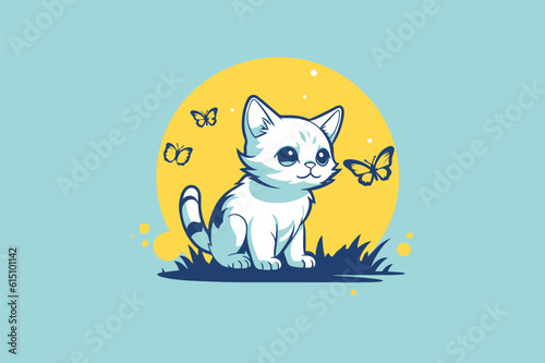 Cute cartoon cat with butterflies. Vector illustration on blue background.