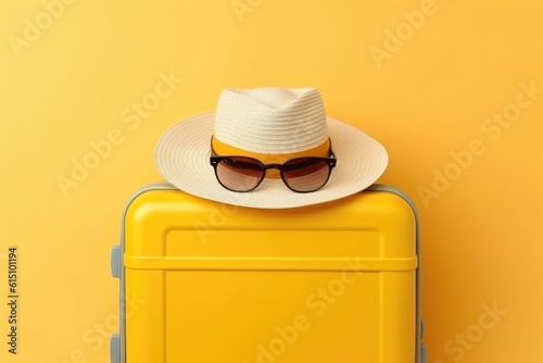 Yellow suitcase with sun glasses and hat on yellow background. travel concept. minimal style, ai generated