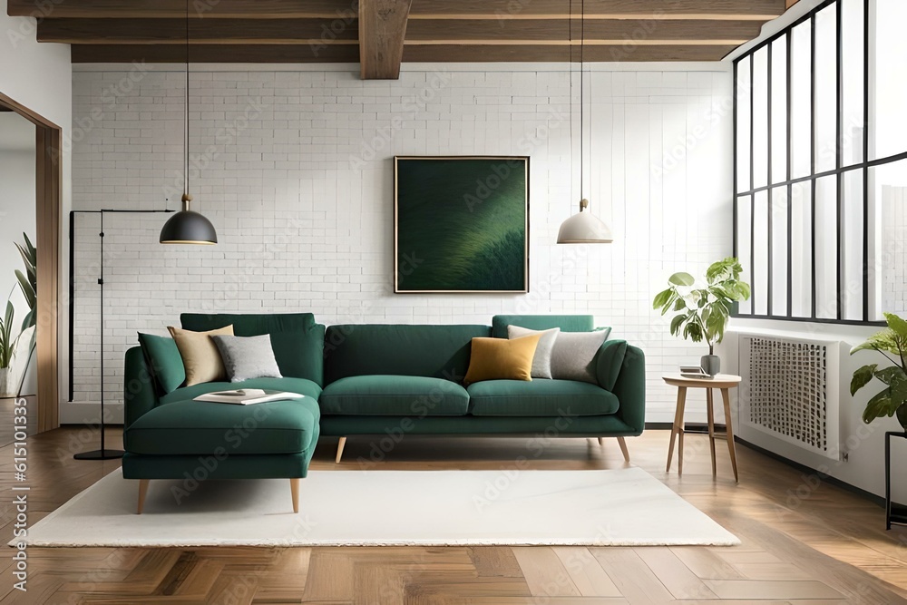 Fototapeta premium 3D Mockup canvas frame in dark green home interior with sofa, fur, table and branch in vase , created with AI