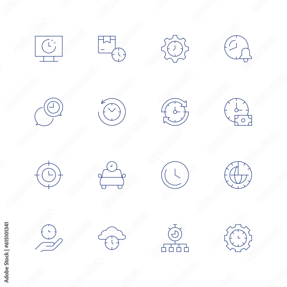 Time line icon set on transparent background with editable stroke. Containing lag, lead time, time, response, return to the past, target, taxi, time lapse, time zone, time management.