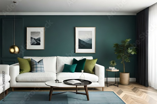 3D Mockup canvas frame in dark green home interior with sofa, fur, table and branch in vase , created with AI © Mehram