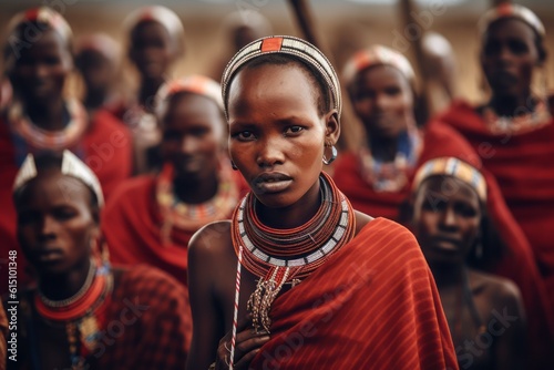 Members of the Maasai tribe in their distinctive attire and engaging in traditional activities, providing a glimpse into their customs, rituals, and way of life. Generative AI